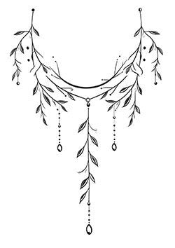 Tattoo template of a vine with hanging leaves and beads in a cascading, symmetrical design