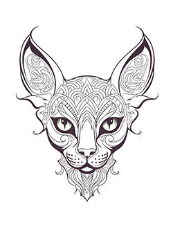 Tattoo template of a tribal-inspired feline face with intricate patterns