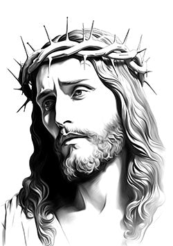 Tattoo template of a bearded figure wearing a crown of thorns with a serene and compassionate expression