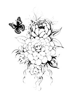 Tattoo template of a butterfly flying over peony flowers and leaves