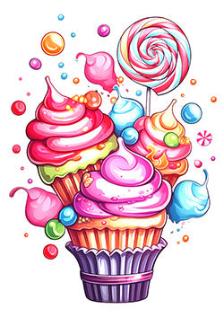 Tattoo template of a colorful display of cupcakes and lollipops evoking sugary delight