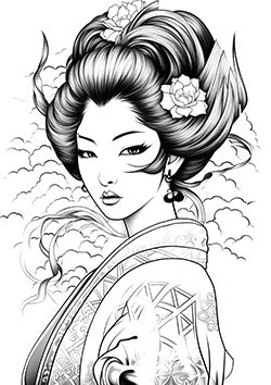 Tattoo template of a geisha with elaborate hairstyle and traditional dress