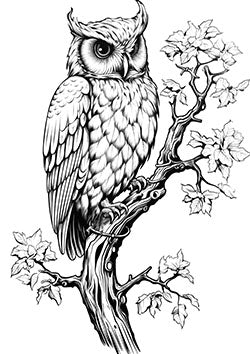 Tattoo template of a majestic owl perched on a branch, symbolizing wisdom and strength amidst nature’s beauty