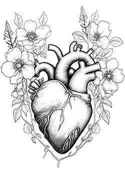 Tattoo template of a heart with floral elements