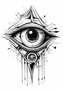 Tattoo template of an eye with geometric shapes and ink splatters