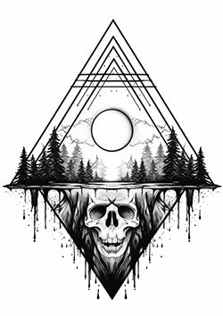 Tattoo template of a geometric forest and skull with celestial elements