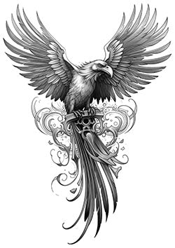 Tattoo template of an eagle in flight holding a sword surrounded by intricate swirls.