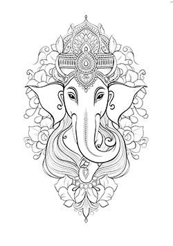 Tattoo template of a sacred elephant adorned with intricate jewelry and surrounded by floral designs