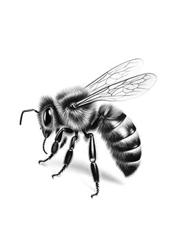 Tattoo template of a realistic and intricately detailed bee with delicate wings and a strong presence.