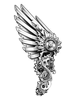 Tattoo template of a mechanical wing with intricate gears and machinery elements symbolizing technology and freedom