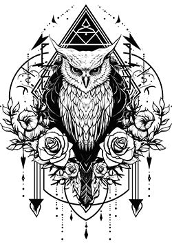 Tattoo template of an owl amidst roses and symbols