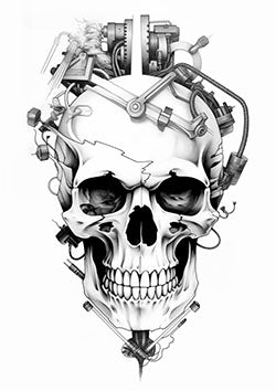 Tattoo template of a human skull integrated with mechanical parts