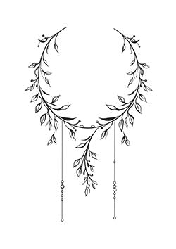 Tattoo template of a crescent moon with leafy vines and hanging beads