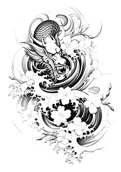 Tattoo template of a dragon surrounded by clouds and flowers