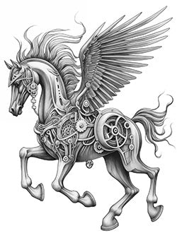 Tattoo template of a mechanical Pegasus with wings and gears, blending mythology and steampunk design elements.