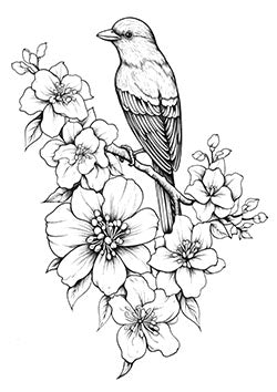 Tattoo template of a bird with blossoms