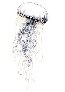 Tattoo template of a detailed jellyfish with flowing tendrils and intricate internal structures