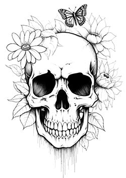 Tattoo template of a skull with flowers and a butterfly