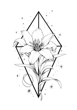 Tattoo template of a lily with stars and a geometric diamond design