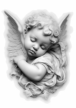 Tattoo template of a sleeping cherubic angel with wings