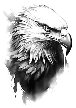 Tattoo template of a detailed eagle's head with monochrome splash background, emphasizing its strength and intense gaze.