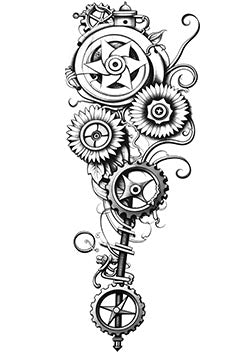 Tattoo template of a mechanical floral design with intertwining gears and flowers