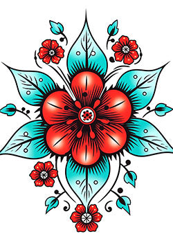 Tattoo template of a vibrant flower with red petals and teal leaves