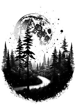 Tattoo template of a full moon above a pine forest