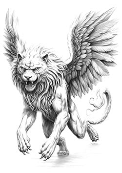 Tattoo template of a ferocious winged lion with detailed features