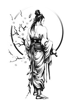 Tattoo template of a samurai with cherry blossoms