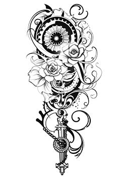 Tattoo template of a blend of intricate gears and delicate roses capturing mechanical and organic beauty