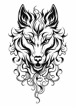 Tattoo template of a stylized fiery wolf