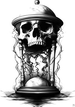 Tattoo template of a skull within an hourglass surrounded by smoke, symbolizing time's passage