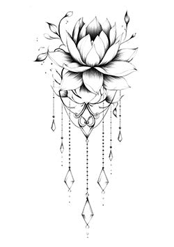 Tattoo template of a detailed lotus flower with hanging jewels