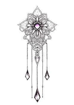 Tattoo template of a mandala flower with amethyst and hanging ornaments