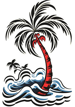 Tattoo template of a red and black palm tree over ocean waves