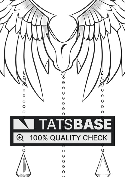 Tattoo template of a pair of angel wings with hanging jewels