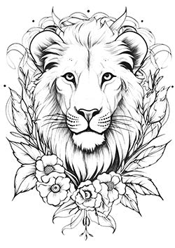 Tattoo template of a majestic lion with surrounding flowers