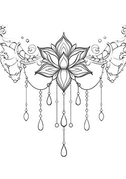 Tattoo template of a lotus surrounded by ornate patterns and beads hanging gracefully