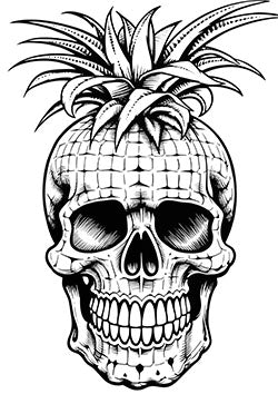 Tattoo template of a skull with a pineapple crown blending tropical vibes and macabre design