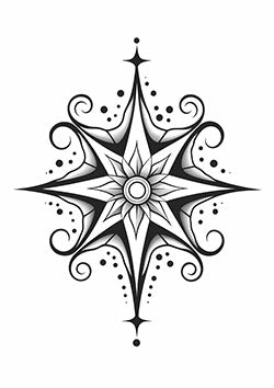 Tattoo template of an ornate floral star with swirls and dots