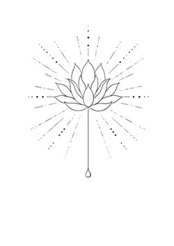 Tattoo template of a blooming lotus flower with radiating symmetrical light and geometric patterns.