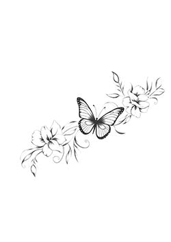 Tattoo template of a butterfly among flowers characterized by delicate elegance