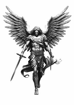 Tattoo template of a powerful angel warrior with wings holding a sword and shield