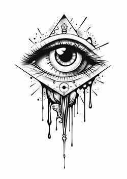 Tattoo template of a detailed eye within a pyramid with drips and symbols