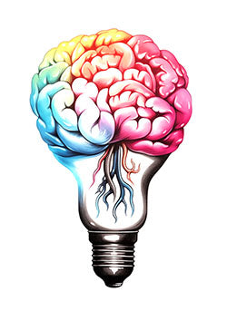 Tattoo template of a colorful brain within a light bulb symbolizing creativity and enlightenment