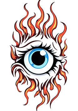 Tattoo template of a blue eye surrounded by orange flames