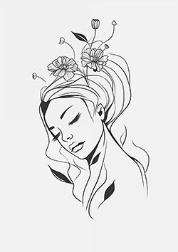 Tattoo template of a serene woman with flowers and closed eyes