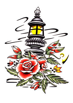 Tattoo template of a classic street lantern with roses and vibrant buds