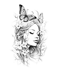 Tattoo template of a woman with flowers and butterfly